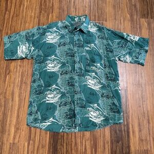 Bruno Men's Green Silk Map Hawaiian Print Button-Up Shirt Short Sleeve Size L